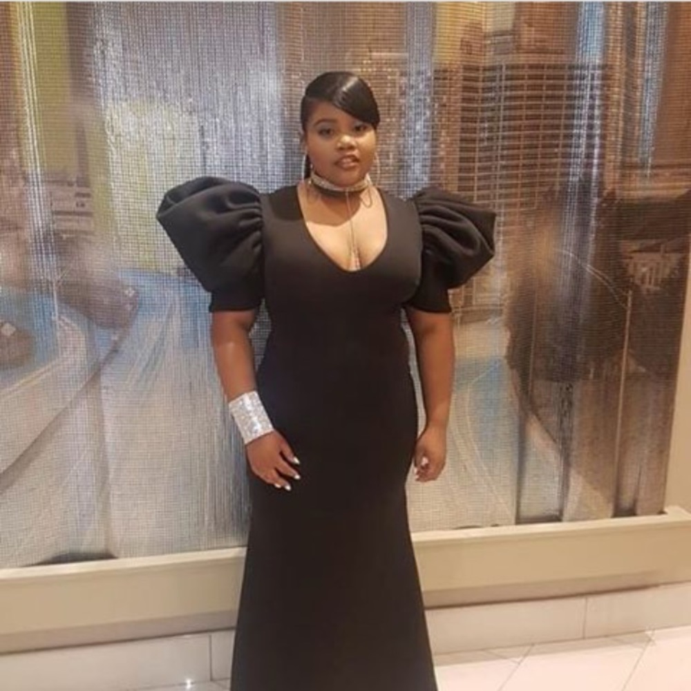 Black high shoulder prom dress